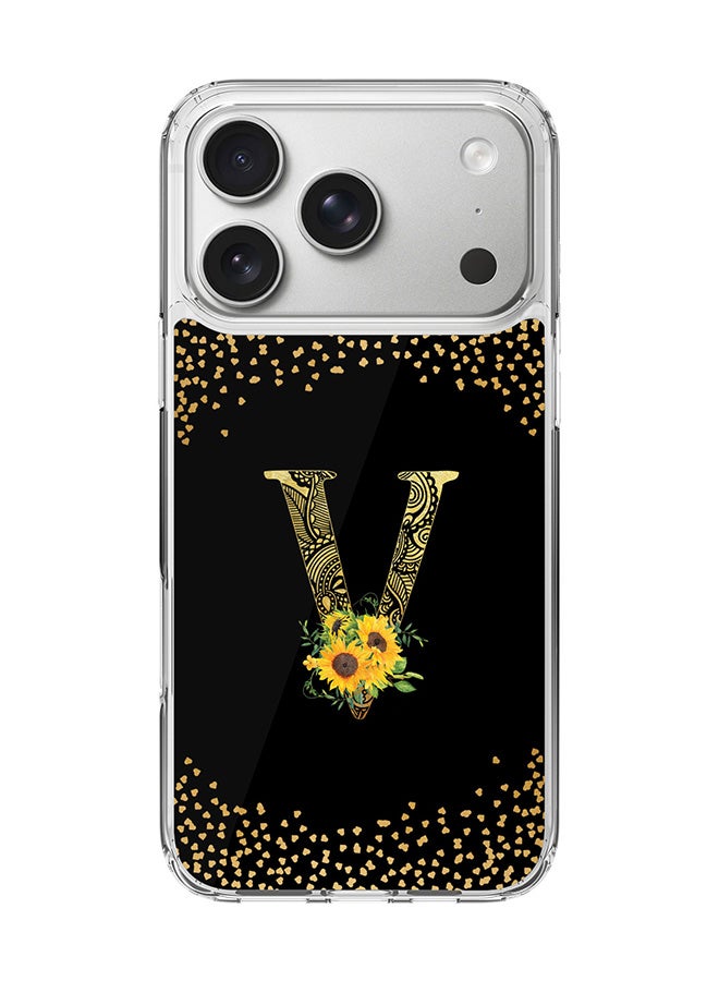 Stylizedd Classic Clear MagSafe Case for iPhone 17 Pro , Hybrid Soft Case Flexible Edges Anti Drop TPU PC Gel Thin Transparent Cover [ Designed for iPhone 17 Pro ] - Custom Monogram Initial Letter Floral Pattern Alphabet - V ( Black )