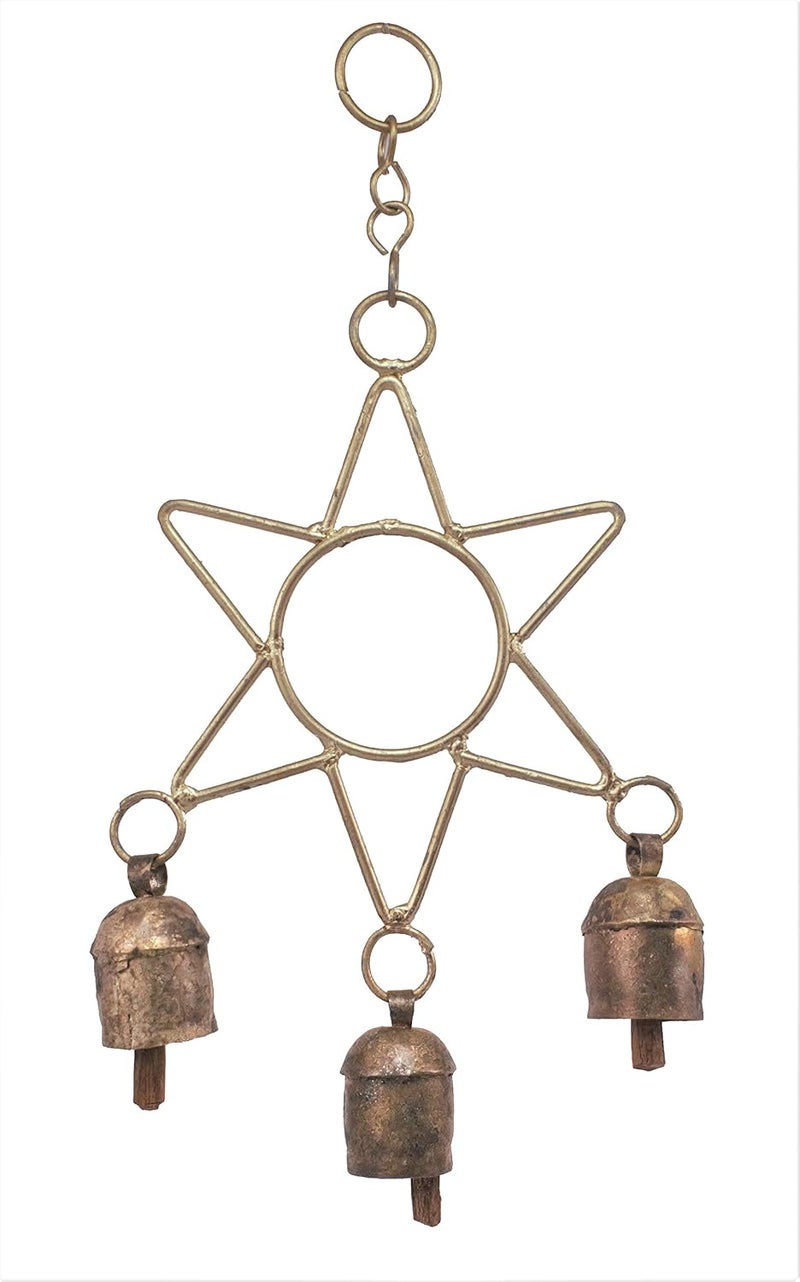 Ethnics of Kutch Ethnics of Kutch Hand Made Metal Bells Wrought Iron CopperZinc Coated Home Dcor Chimes Cow Bell Star 3 Bells 26 cms Length Colour Copper BEL0025 - Image 1
