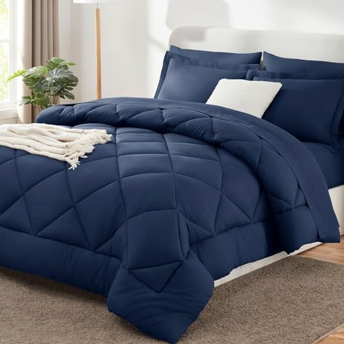 CozyLux King Size Comforter Set Navy Blue - 7 Pieces Bed in a Bag King, Luxury Soft Bed Set for All Seasons, Bedding Set with Down Alternative Comforter, Sheets, Pillowcases & Shams - Image 1