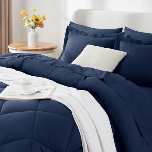 CozyLux King Size Comforter Set Navy Blue - 7 Pieces Bed in a Bag King, Luxury Soft Bed Set for All Seasons, Bedding Set with Down Alternative Comforter, Sheets, Pillowcases & Shams - Image 3