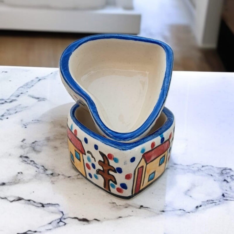 MALAIKAH Ceramic Hut Printed Heart Bowl Chutney Bowls for Serving Dip Bowls (Set of 2, 80 ML, Multicolored, Dishwasher Safe) | Hand Painted Bowls for Kitchen Dining Table Bowl Set - Image 1