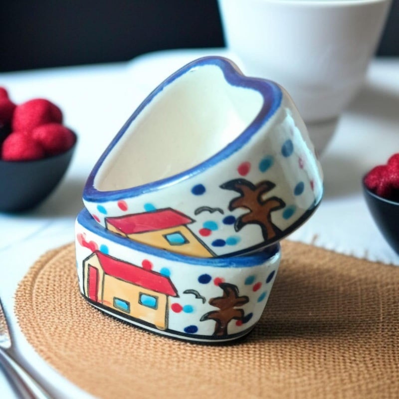 MALAIKAH Ceramic Hut Printed Heart Bowl Chutney Bowls for Serving Dip Bowls (Set of 2, 80 ML, Multicolored, Dishwasher Safe) | Hand Painted Bowls for Kitchen Dining Table Bowl Set - Image 4