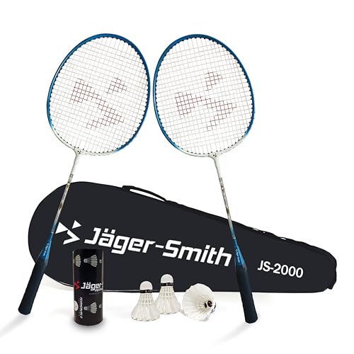 Jager_Smith Jager-Smith JS2000(Blue,White) Combo Aluminium Badminton Racquet with Tempered Steel Shaft & Featherlite 2 (Pack of 3) Feather Shuttles&Full Cover (Made in India) - Image 1