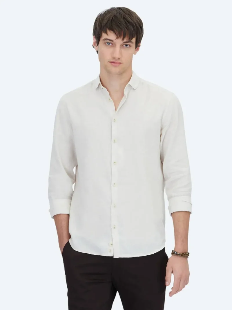 Kip Ecru Plain Regular Fit Weaving Casual Cotton Blended Shirt