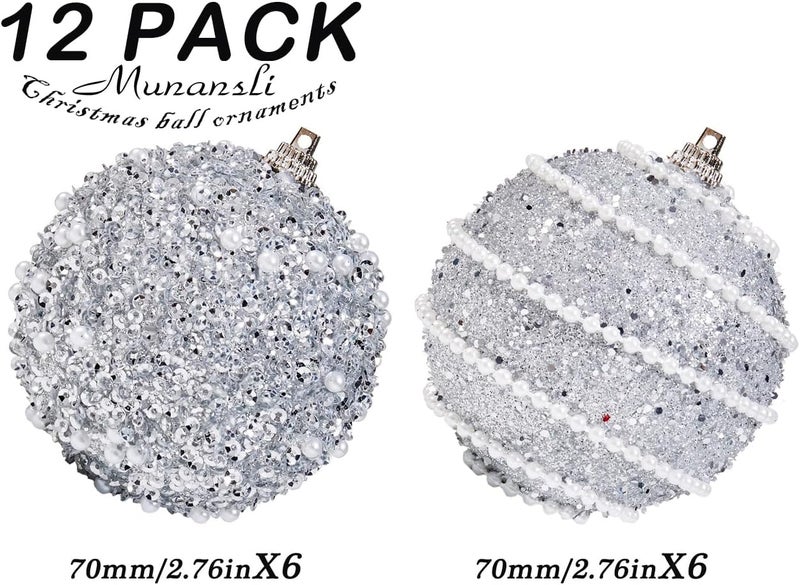 Munansli Silver Christmas Ball Ornaments, Christmas Ball Decorations Shatterproof Plastic Hanging Pearl Balls for Holiday Party(70mm/2.76", 12ct) - Image 5