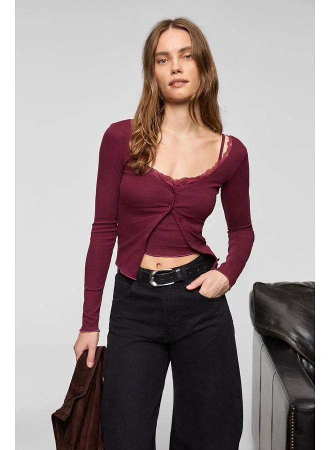 Grimelange ELVURA Women's Flexible Fabric Collar Lace-Detail Buttoned Blouse and Tank Top Duo Burgundy Blouse.