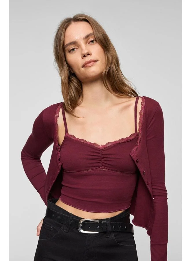 Grimelange ELVURA Women's Flexible Fabric Collar Lace-Detail Buttoned Blouse and Tank Top Duo Burgundy Blouse.