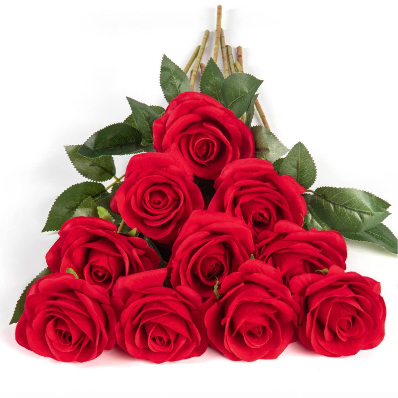 DuHouse 10pcs Fake Roses Artificial Silk Flowers Faux Rose Flower Long Stems Bouquet for Arrangement Wedding Centerpiece Party Home Kitchen DecorRed