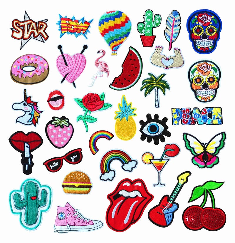 SGJING SGJING 32pcs Multicolor Cartoon Embroidered Patches Assorted Size Decorative DIY Patches for Jeans Jackets Clothing Pants Dress Shoes Hats Handbags Backpacks Sew On or Iron On 