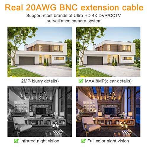WILDHD [20AWG Cables] 100ft 8MP/4K BNC Cable All-in-One Siamese Video and Power Security Camera Cable, BNC Extension Wire Cord with 2 Female Connectors for All HD CCTV DVR Surveillance System(Black) - Image 2