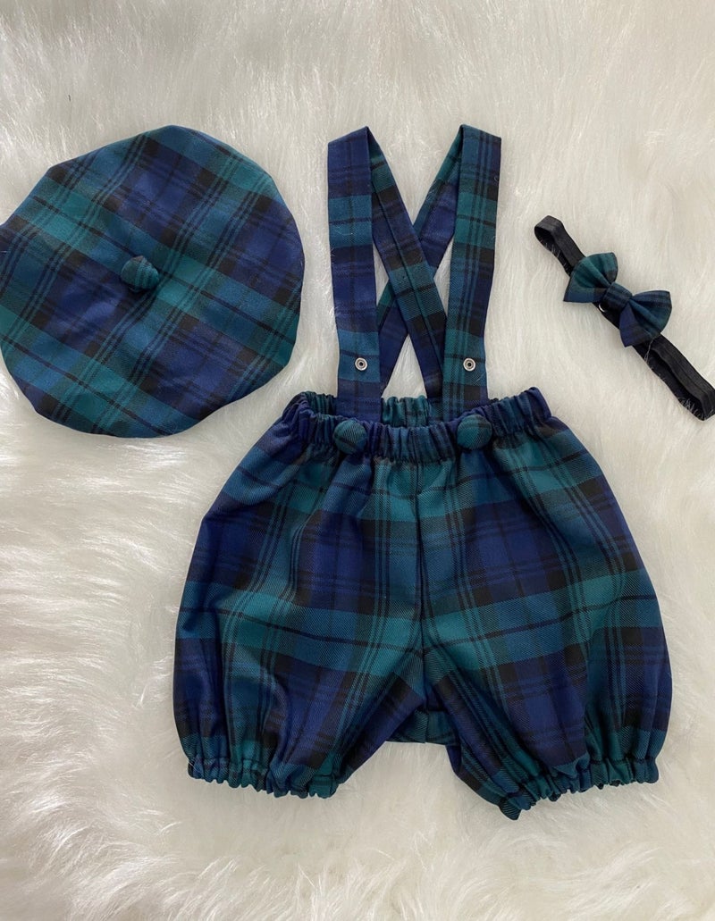 Eylülce Butik Eylülce Boutique Plaid Children's Suspender Shorts, Painter's Hat & Bow Tie Set - Cake Pop Costume  - Image 1