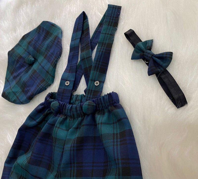 Eylülce Butik Eylülce Boutique Plaid Children's Suspender Shorts, Painter's Hat & Bow Tie Set - Cake Pop Costume  - Image 2