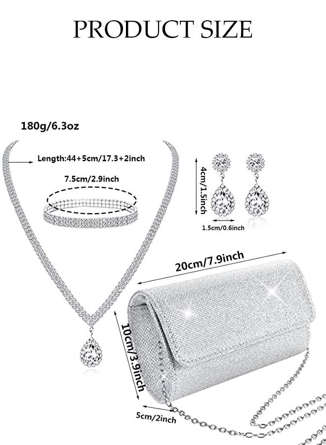 DUNISO 4Pcs Clutch Bag Rhinestone Jewelry Set with Necklace Earrings Bracelets Rhinestone Purse Bag Glitter Evening Bag Wedding Bridal Bridesmaid Costume Jewelry Set for Women and Girls Dress Accessories - Image 3