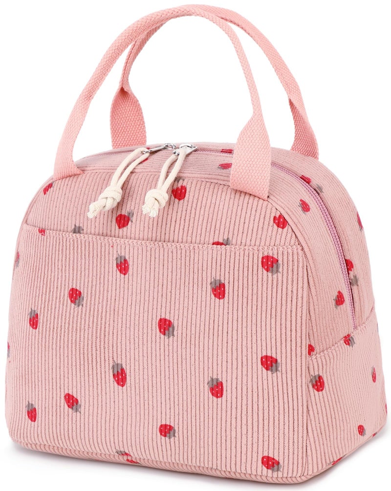 Bluboon Lunch Bag for Women Men Cute Corduroy Lunch Tote Bags Reusable Insulated Lunch Box Large Capacity Reusable Insulated Cooler for Work Picnic or Travel Corduroy strawberry pink