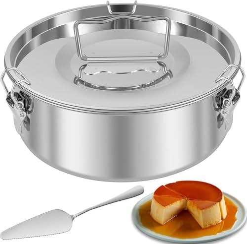 KOUISYY Flan Mold with Lid & Handle, 1.5Qt Stainless Steel Flan Pan Mold with Spatula, Large Capacity Para Flan Maker Container, Portable Round Cake Baking Flan Maker for 6-8QT Pot Making Cheese Cake Pudding - Image 1