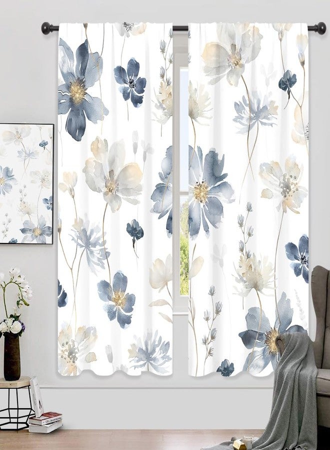 ريديكور ستائر رييديكور باللونين الكحلي والرمادي بنقشة زهور، بنمط بوهيمي أنيق، مستوحاة من نباتات الربيع الريفية، مع جيب للتعليق، مناسبة لغرف نوم النساء والفتيات وغرف المعيشة. مصنوعة من قماش فاخر، قطعتان، مقاس 42 بوصة عرض × 63 بوصة ارتفاع. - Image 1