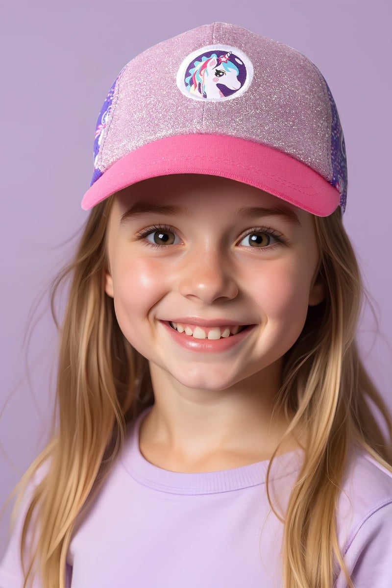 Milk & Moo Kids Cap for Ages 7-10, Cap for Girls, Unicorn Themed Head Cap, Glittery Pink and Purple Cap, Adjustable Velcro Strap, Breathable Material, Sun Protection Design – Made in Turkey - Image 1