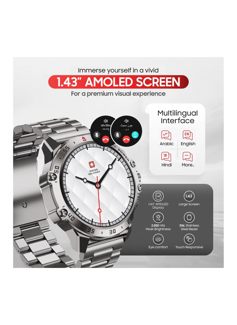 SWISS MILITARY - Swiss Military DOM5 Smartwatch 1.43" AMOLED, Bluetooth Calling, Multi Language, Health & Sports Tracking, Wireless Charging, 7 Days Battery, IP68, iOS/Android Compatible,Silver Frame with Steel Strap - Image 1