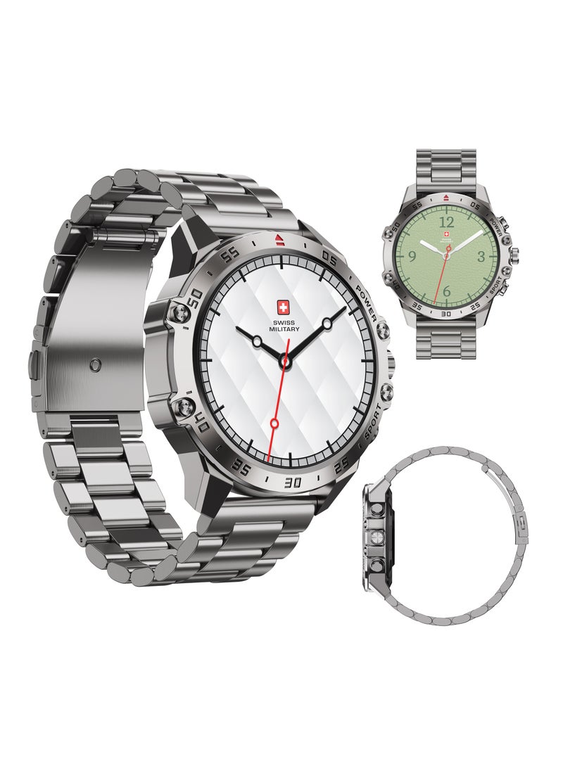 SWISS MILITARY - Swiss Military DOM5 Smartwatch 1.43" AMOLED, Bluetooth Calling, Multi Language, Health & Sports Tracking, Wireless Charging, 7 Days Battery, IP68, iOS/Android Compatible,Silver Frame with Steel Strap - Image 1