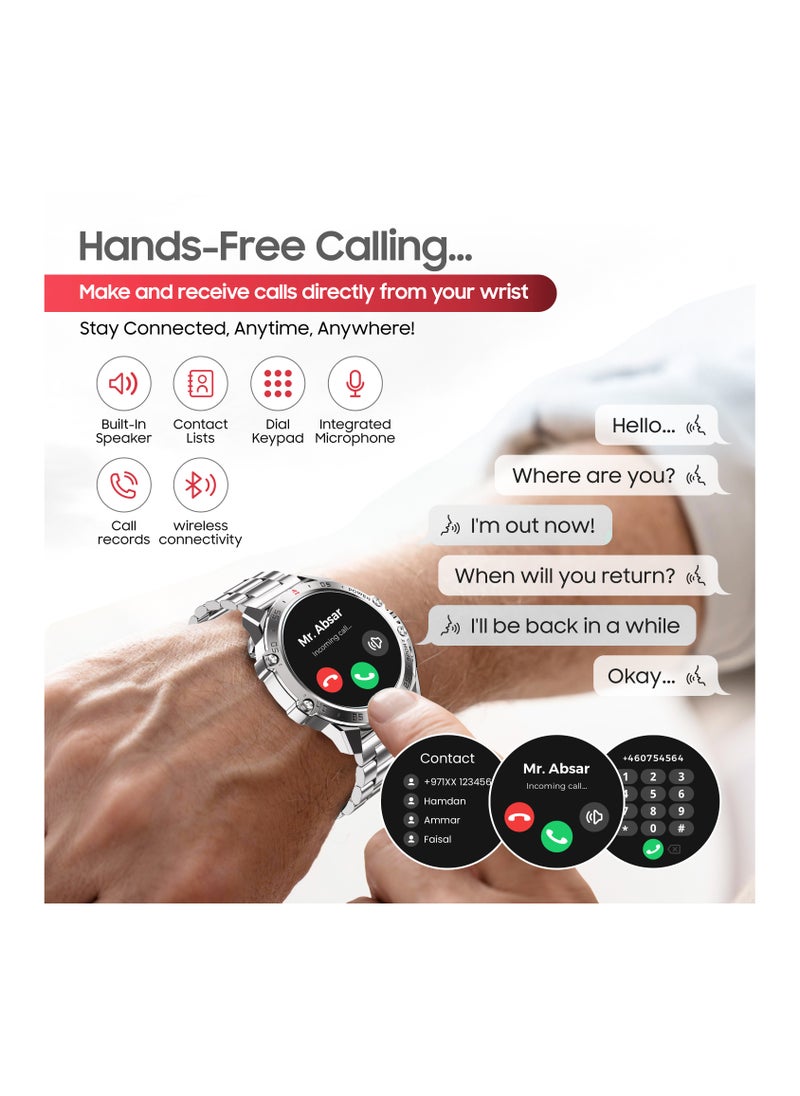 SWISS MILITARY - Swiss Military DOM5 Smartwatch 1.43" AMOLED, Bluetooth Calling, Multi Language, Health & Sports Tracking, Wireless Charging, 7 Days Battery, IP68, iOS/Android Compatible,Silver Frame with Steel Strap - Image 1
