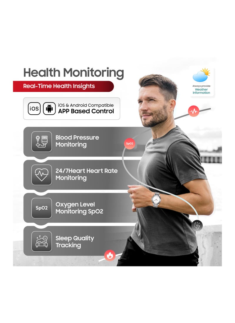 SWISS MILITARY - Swiss Military DOM5 Smartwatch 1.43" AMOLED, Bluetooth Calling, Multi Language, Health & Sports Tracking, Wireless Charging, 7 Days Battery, IP68, iOS/Android Compatible,Silver Frame with Steel Strap - Image 1