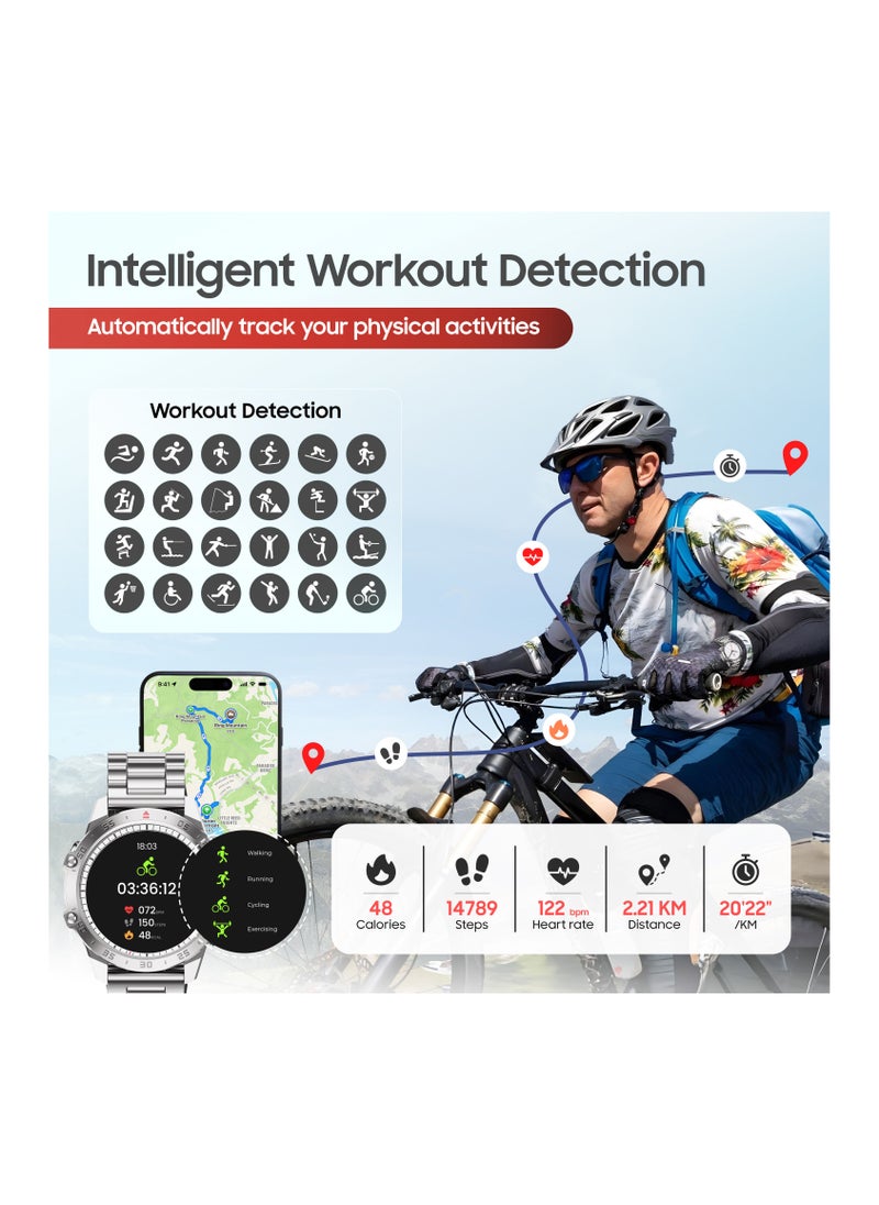 SWISS MILITARY - Swiss Military DOM5 Smartwatch 1.43" AMOLED, Bluetooth Calling, Multi Language, Health & Sports Tracking, Wireless Charging, 7 Days Battery, IP68, iOS/Android Compatible,Silver Frame with Steel Strap - Image 1