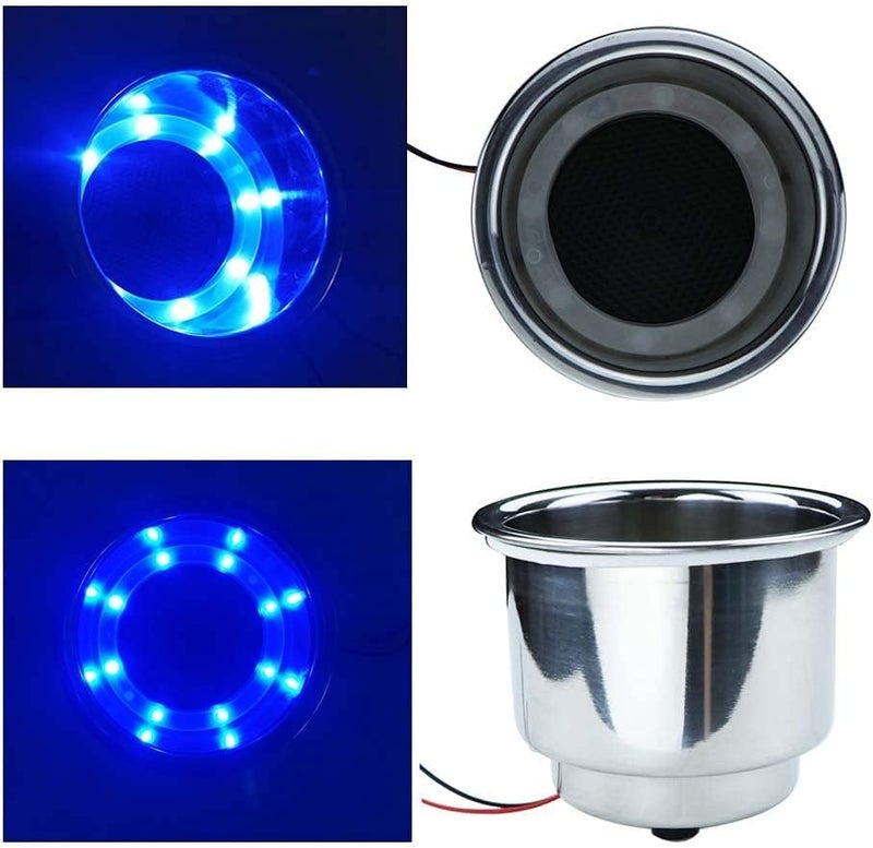 COC-LF 2Pcs Blue LED Boat Cup Drink Holder,Stainless Steel Polished Cup Holder for Boat,12V,Water Proof for Marine Boat Rv Camper - Image 1