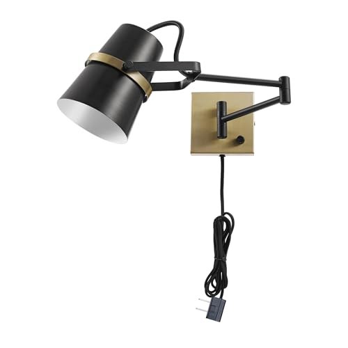 Globe Electric 51345 1-Light Plug-in or Hardwire Swing Arm Wall Sconce, Matte Black, Brass Accents, 6ft Woven Fabric Cord, Flat Plug, Rotary Switch, Modern Light for Apartments and Rental - Image 1