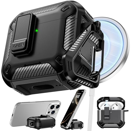 RFUNGUANGO Compatible with AirPods 4 Case,Magnetic Automatic Lock with Phone Holder & Cleaning Kit,Compatible with Magsafe, Back Magnetic Charging, Black - Image 1