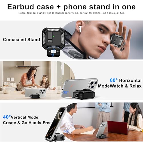 RFUNGUANGO Compatible with AirPods 4 Case,Magnetic Automatic Lock with Phone Holder & Cleaning Kit,Compatible with Magsafe, Back Magnetic Charging, Black - Image 4