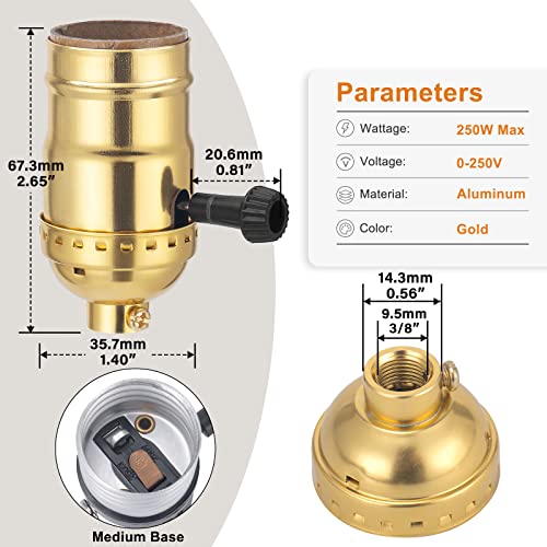 DiCUNO UL Listed 3-Way Lamp Socket Replacement, E26 Standard Threaded Base Light Socket, Turn Switch Knob for Low-Medium-High Light Settings, DIY Project, Table, Floor Lamp Repair Kit, 1-Pack, (Gold) - Image 2