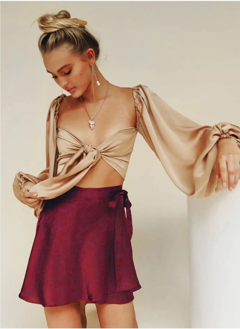 Loquat - Women's Summer Wrap High Waist Solid Color Ruffle Short Mini Skirts Wine Red - Image 1