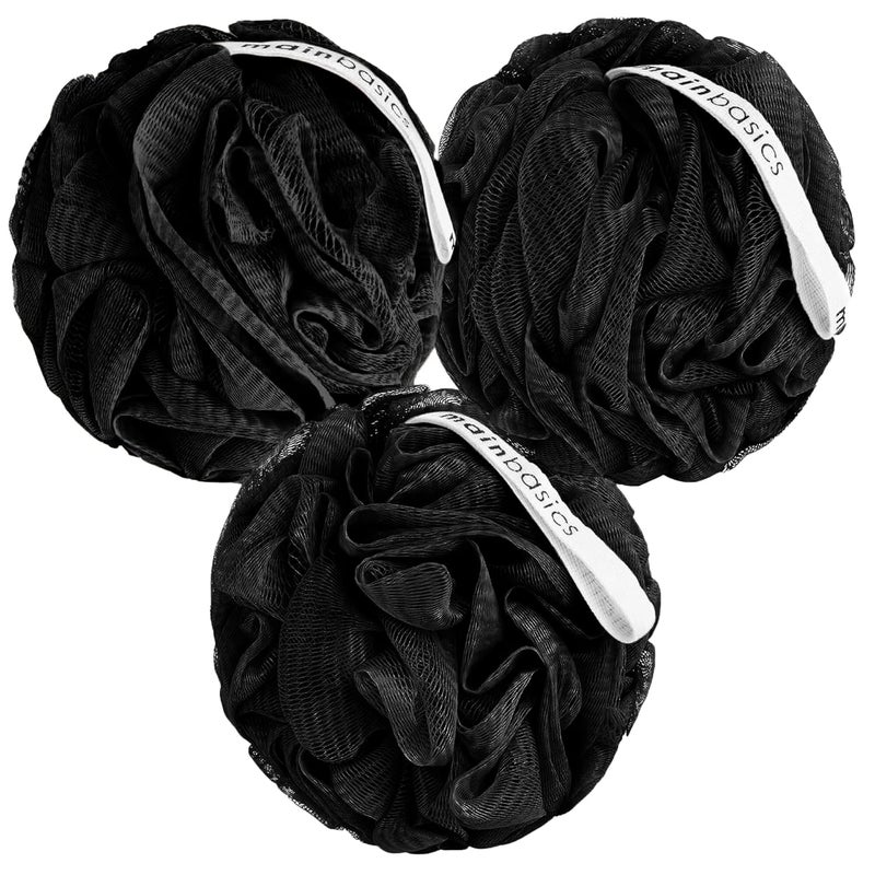 MainBasics Bath Shower Loofah Sponge Pouf Body Scrubber Exfoliator Body Wash Sponge (Set of 3, Triple Black) - Image 1