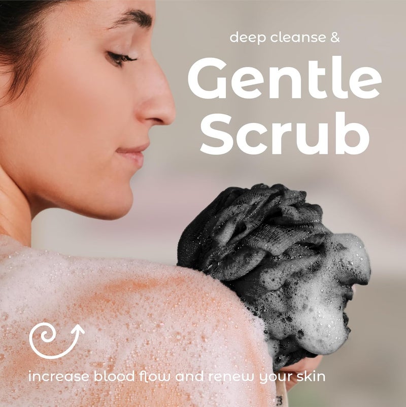 MainBasics Bath Shower Loofah Sponge Pouf Body Scrubber Exfoliator Body Wash Sponge (Set of 3, Triple Black) - Image 5