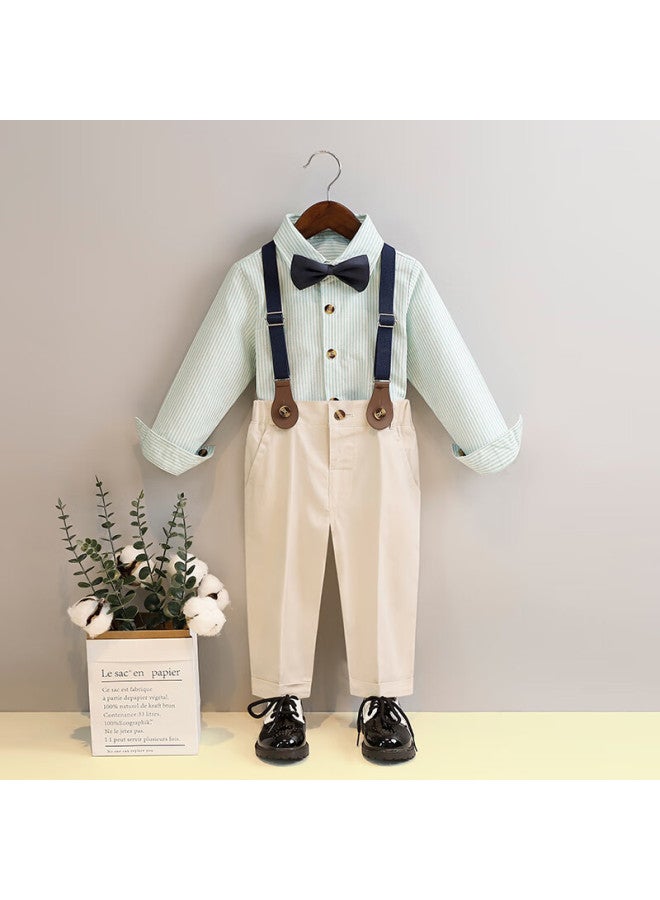 Luobobeibei Children's Formal Wear, Boys' Spring And Summer British Striped Suspender Pants And Shirt Set, Green Long-sleeve Four-piece Set, Size 150 - Image 2