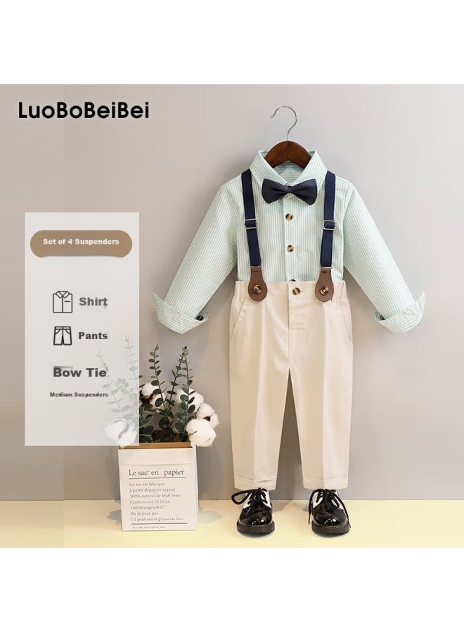 Luobobeibei Children's Formal Wear, Boys' Spring And Summer British Striped Suspender Pants And Shirt Set, Green Long-sleeve Four-piece Set, Size 150 - Image 1