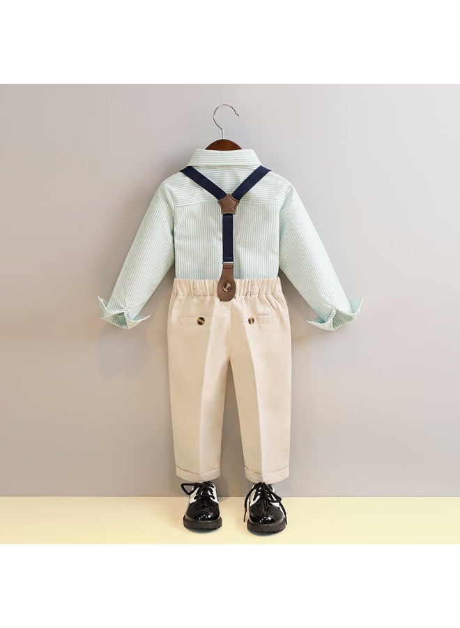Luobobeibei Children's Formal Wear, Boys' Spring And Summer British Striped Suspender Pants And Shirt Set, Green Long-sleeve Four-piece Set, Size 150 - Image 4