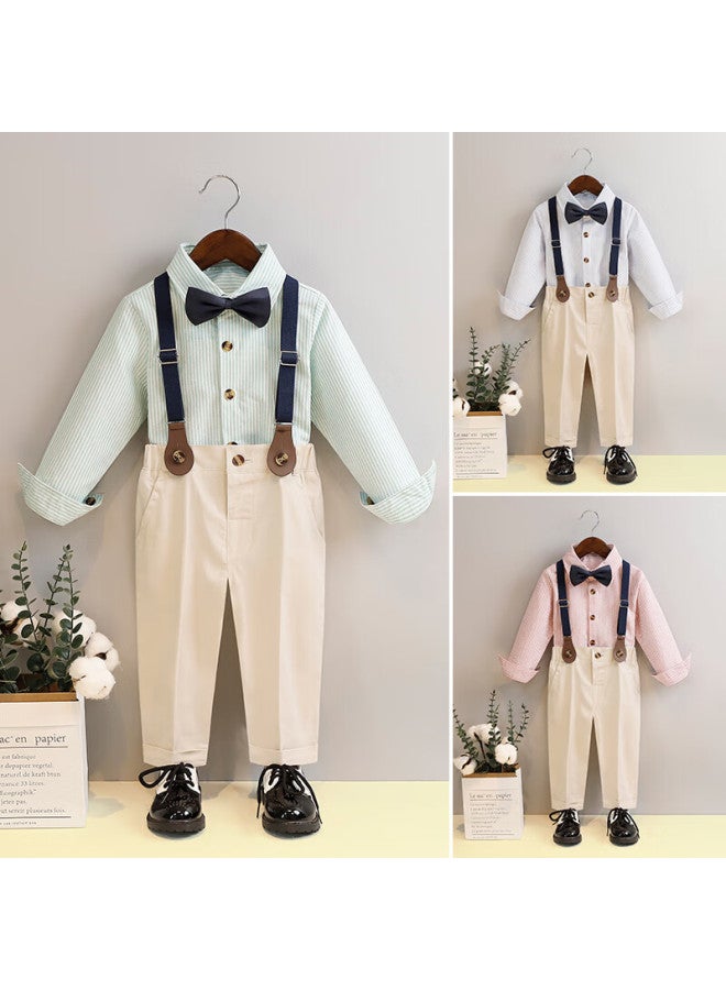 Luobobeibei Children's Formal Wear, Boys' Spring And Summer British Striped Suspender Pants And Shirt Set, Green Long-sleeve Four-piece Set, Size 150 - Image 3
