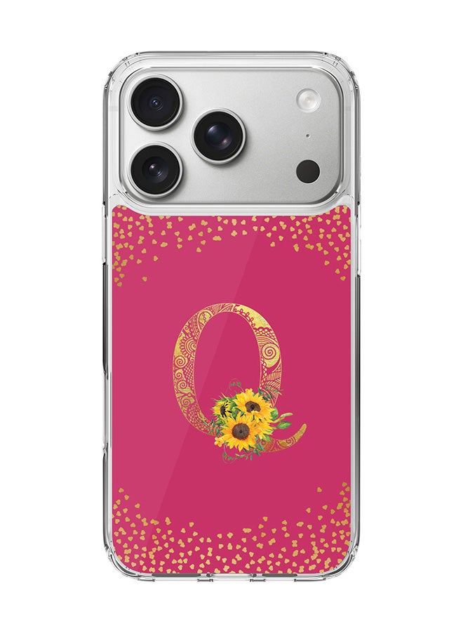 Stylizedd Classic Clear MagSafe Case for iPhone 17 Pro , Hybrid Soft Case Flexible Edges Anti Drop TPU PC Gel Thin Transparent Cover [ Designed for iPhone 17 Pro ] - Custom Monogram Initial Letter Floral Pattern Alphabet - Q ( Deep Pink Rose )