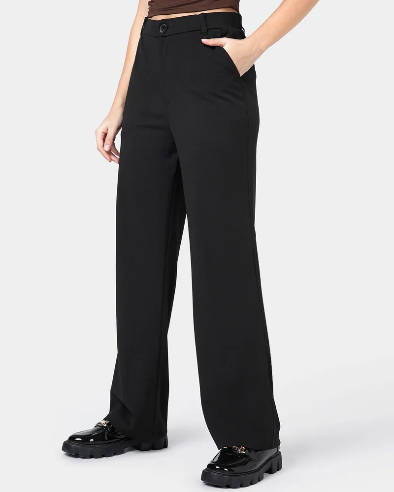 bewakoof Women's Jet Black Straight Fit Korean Pants