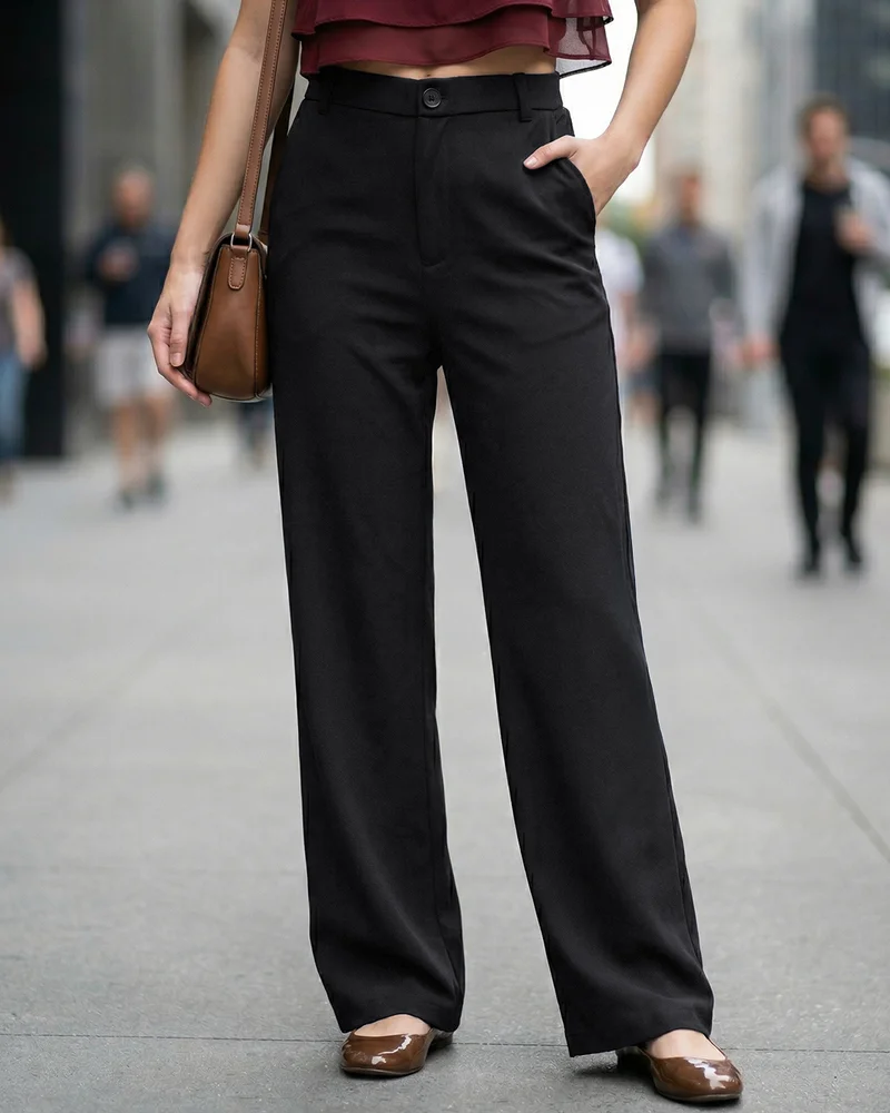 bewakoof Women's Jet Black Straight Fit Korean Pants
