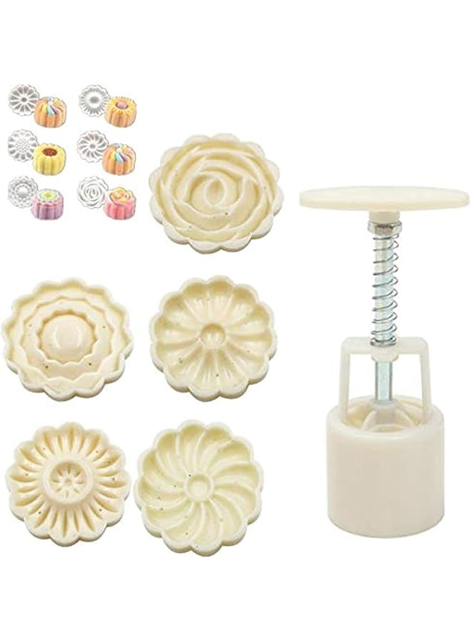 S-TOP 3D Rose Flowers Mooncake Cookie Mold Cutter Pastry DIY Baking Tool 1 Barrel+6 Stamps Set Hand Pressure Cake Mould, White - Image 1