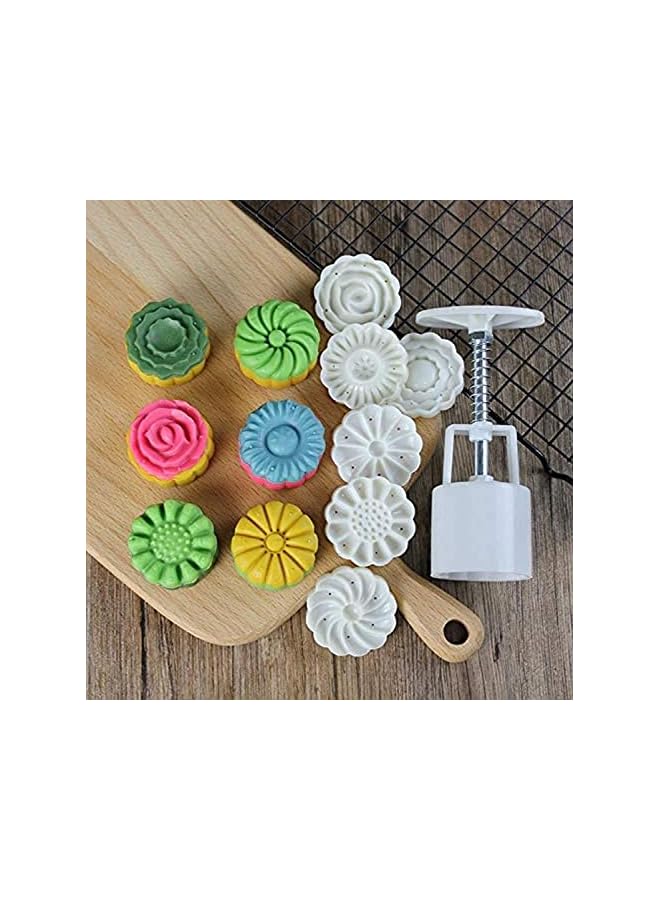 S-TOP 3D Rose Flowers Mooncake Cookie Mold Cutter Pastry DIY Baking Tool 1 Barrel+6 Stamps Set Hand Pressure Cake Mould, White - Image 2