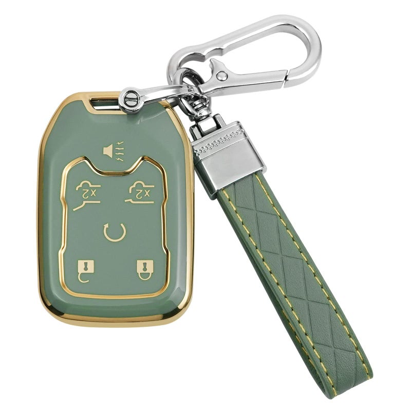 artapek Key Fob Cover Compatible with Chevy Tahoe Suburban GMC Yukon Car Accessories with Keychain 6 Button Key Shell Case TPU Green - Image 3