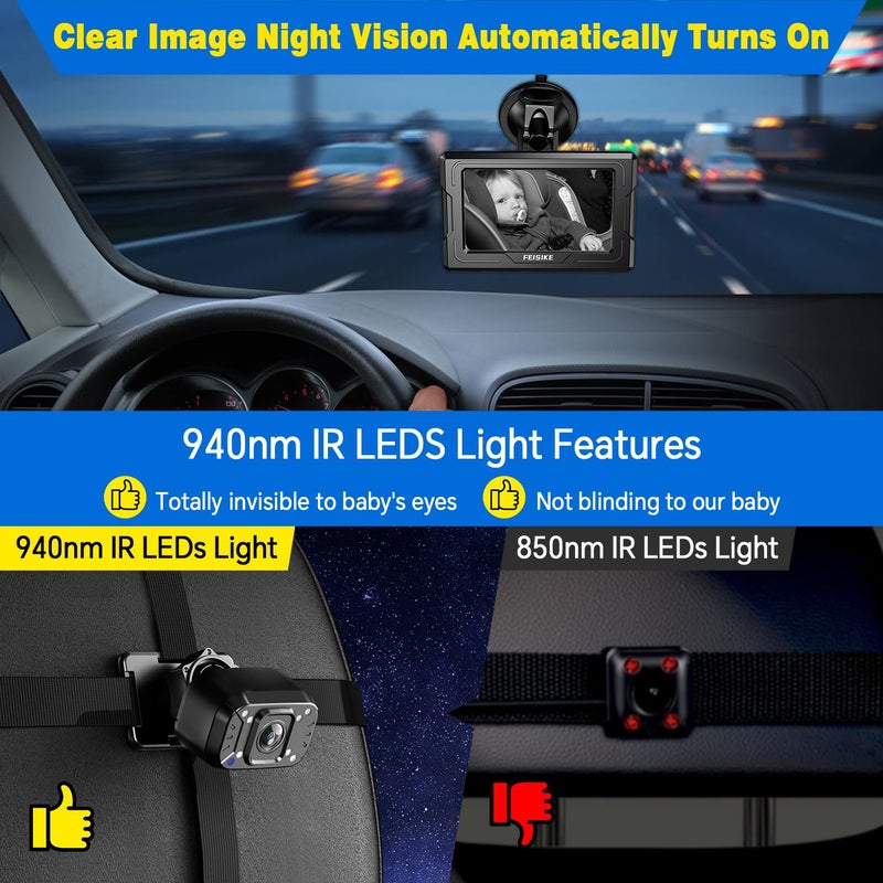 FEISIKE Baby Car Camera, 4.3'' Back Seat Baby Car Camera Mirror for Crystal Infrared Night Vision, 360Â° Rotation & 149Â° Wide View, 3 Mins Easy Installation - Image 4