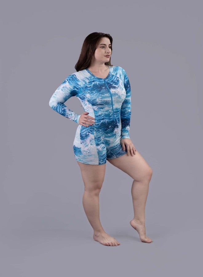 كيب فيت بدلة سباحة نسائية من Keepfit بأكمام طويلة مطبوعة ومبطنة بمقاسات كبيرة وتغطية متوسطة، لون أزرق بحري | بدلة سباحة نسائية - Image 3