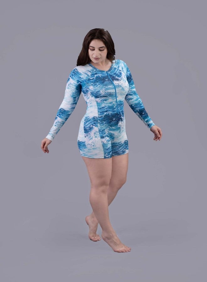 كيب فيت بدلة سباحة نسائية من Keepfit بأكمام طويلة مطبوعة ومبطنة بمقاسات كبيرة وتغطية متوسطة، لون أزرق بحري | بدلة سباحة نسائية - Image 4