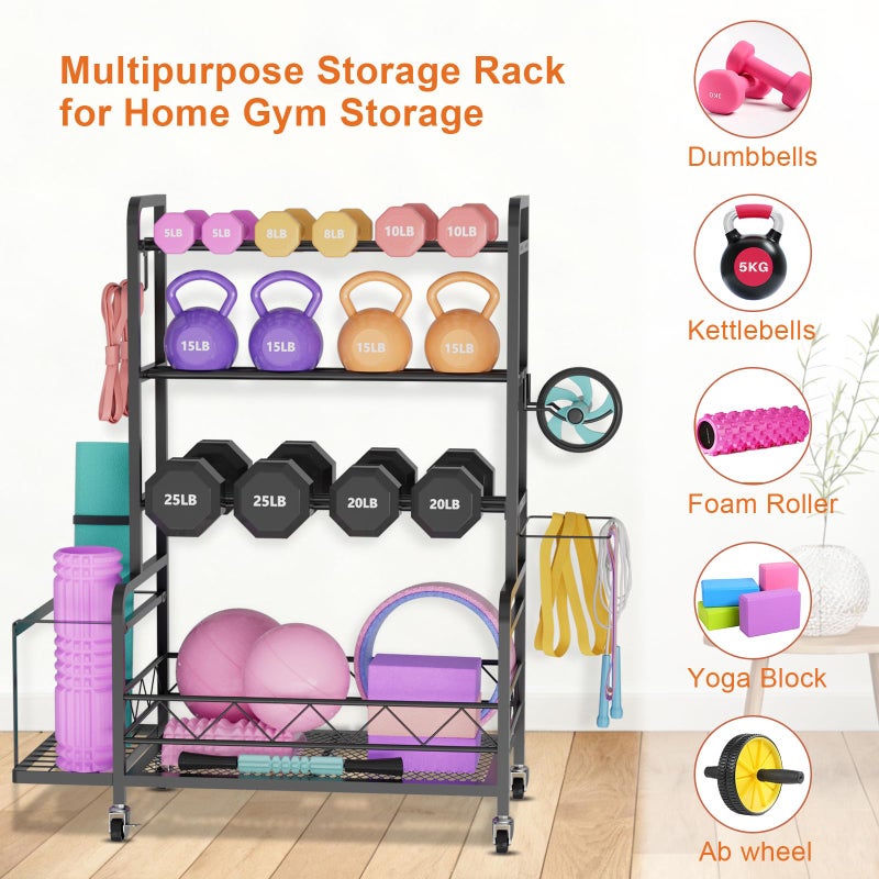 NEYCIL Dumbbell Rack, Adjustable Weight Rack for Home Gym Storage with 4 Wheels, Side Basket, Hooks, Multipurpose Metal Dumbbell Stand for Kettlebells, Yoga Gear, Strength Training Equipment, Black - Image 2