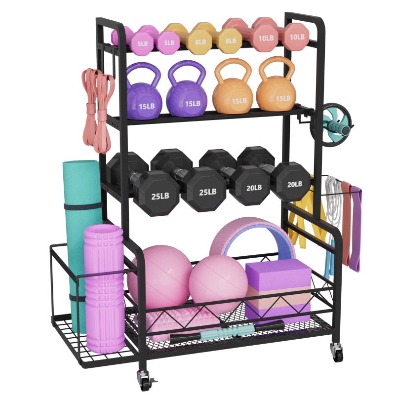 NEYCIL Dumbbell Rack, Adjustable Weight Rack for Home Gym Storage with 4 Wheels, Side Basket, Hooks, Multipurpose Metal Dumbbell Stand for Kettlebells, Yoga Gear, Strength Training Equipment, Black - Image 1