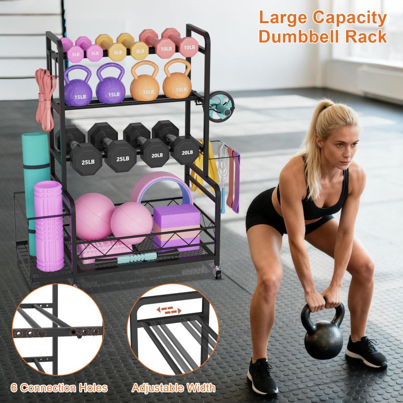 NEYCIL Dumbbell Rack, Adjustable Weight Rack for Home Gym Storage with 4 Wheels, Side Basket, Hooks, Multipurpose Metal Dumbbell Stand for Kettlebells, Yoga Gear, Strength Training Equipment, Black - Image 4